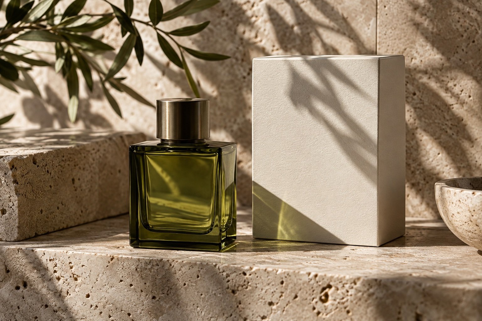 Olive perfume packaging on a stone surface