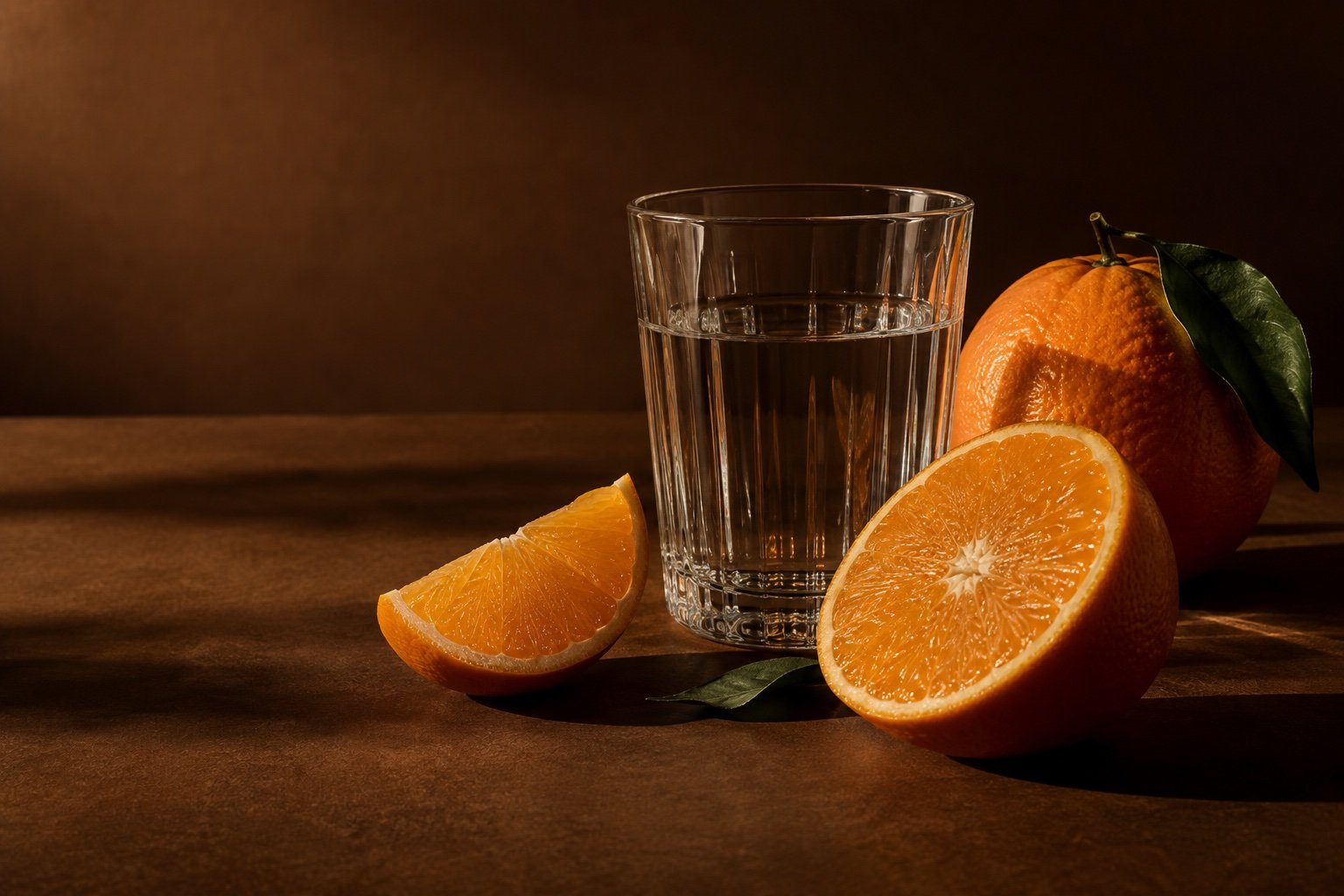 Warm citrus still-life with a clear glass